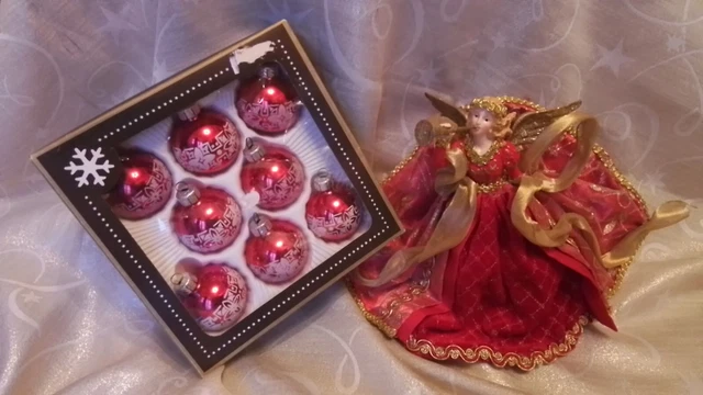 6 Vintage Red Glass Baubles in Box + Vintage Red & Gold 8"  Christmas Tree Angel