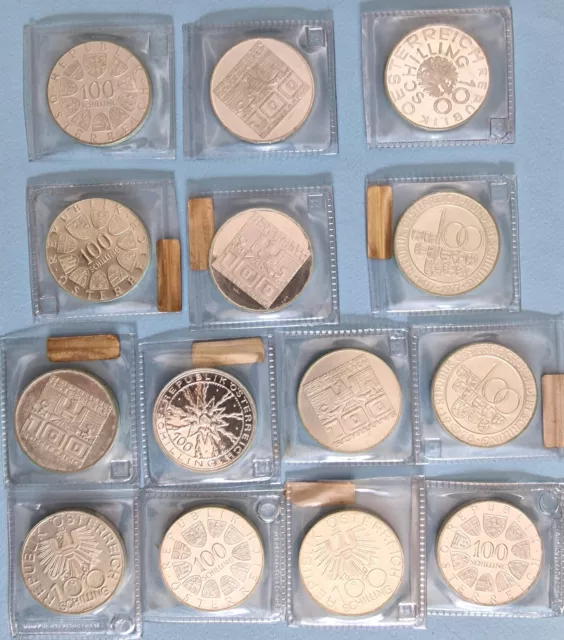 Austria. Collection of 100 Schilling 14 pieces silver- Proof 2