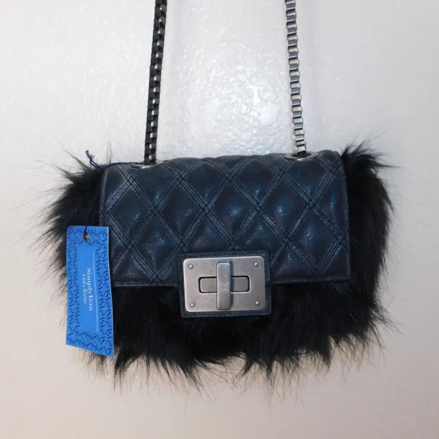 SIMPLY VERA WANG Faux Fur Black Quilted Handbag Crossbody Bag Chain Leather