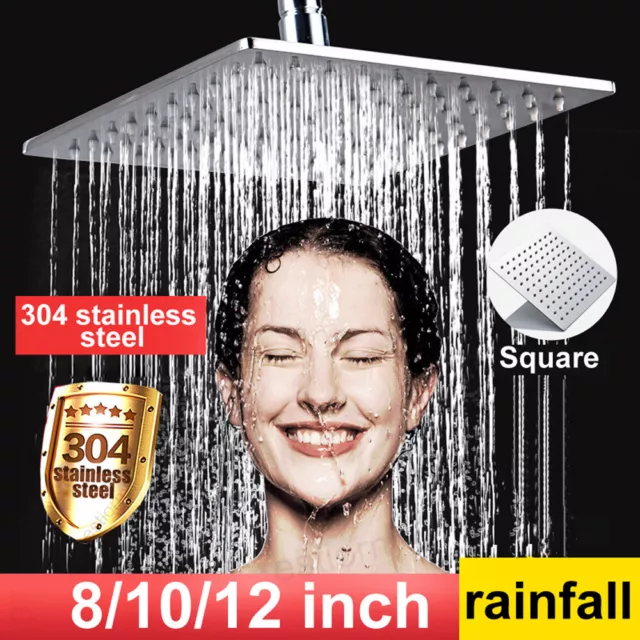 8" 10" 12" Square Shower Head Chrome Stainless Steel Bathroom Rainfall Overhead