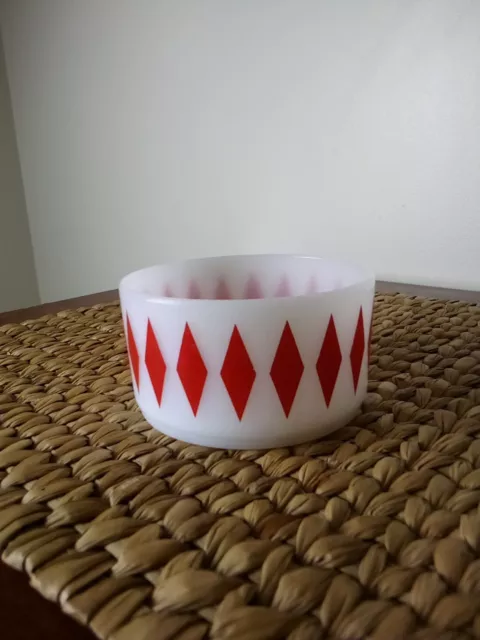 Fire King Red Diamond Harlequin 4 1/4" Milk Glass Oven Bowl MCM #23