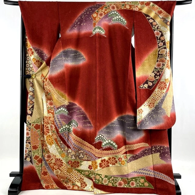 Japanese kimono SILK"FURISODE" long sleeves,Gold/Silver, Traditional,5' 7"..3308