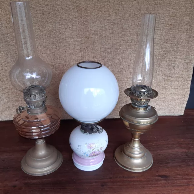 3 vintage oil lamps see description