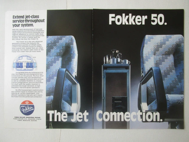 7/1987 Pub Fokker 50 Aircraft Avion Flugzeug Regional Airliner Seat Original Ad