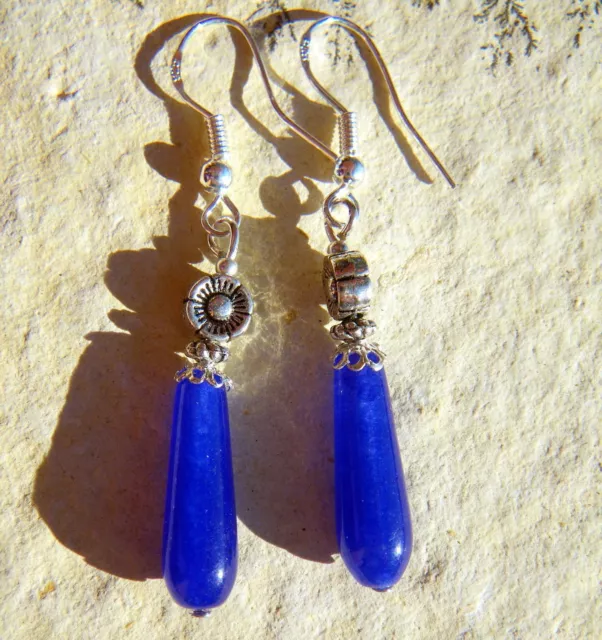 Boucles D'oreille Argent 925 Pierre Bleu Saphir Longue Goutte Iolite Fleur