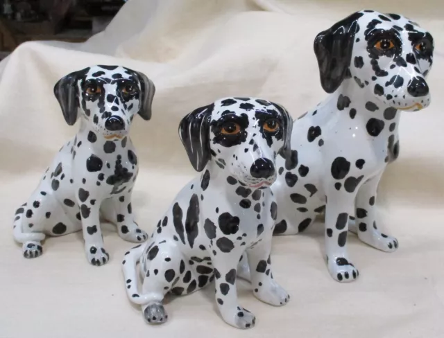 Set of 3 Dalmation Dog Large Figurines, Hand Painted Ceramic, 9" & 6" Tall