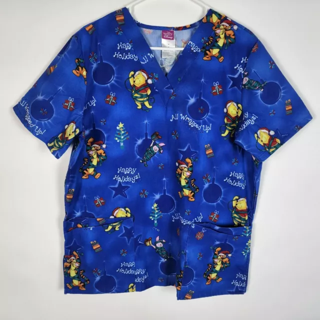 Vintage Disney Winnie The Pooh Blue Christmas Graphic Scrub Top Women's M Medium