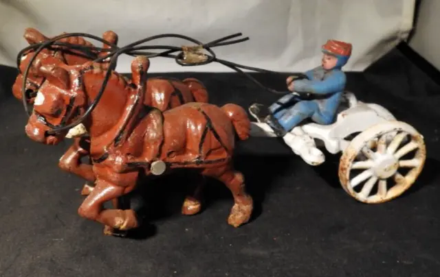 Vintage Cast Iron Horses Pulling Jockey in Cart