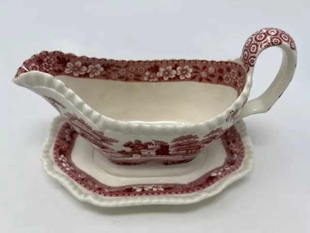 Spodes Tower Pink Gravy Boat & Attached Plate Copeland Spode England