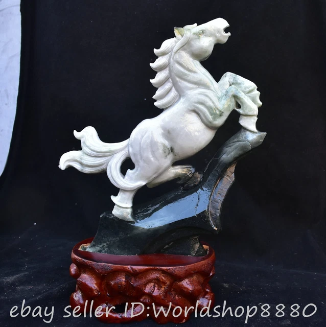 12" Chinese Natural Dushan Jade Carved Fengshui 12 Zodiac Year Horse Statue