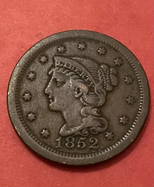 1852 1C BN Braided Hair Cent *VF Details* Dark Coin ~ Free Shipping !!
