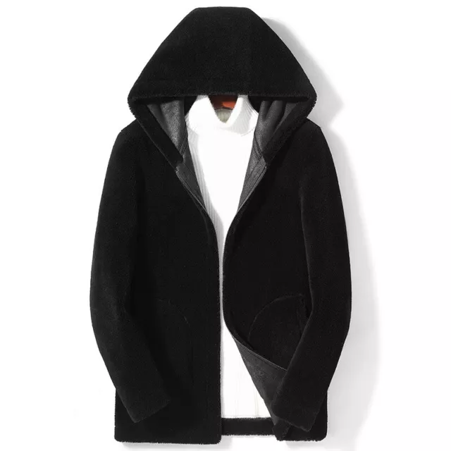 Real Lambs Wool Shearling Mens Hooded Coat Winter Leather Double Wear Overcoat