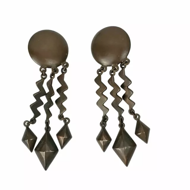 Vintage 80s Ben Amun Bronze Metal Zig Zag Geometric Dangle Clip On Earrings 3"