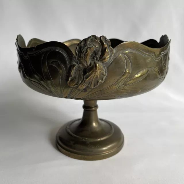 Antique French Art Nouveau Brass Bowl w Iris Flowers Engraved 1920 Death Funeral