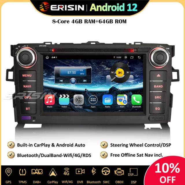 DSP 64GO Android 12 Autoradio GPS DAB+ WiFi CarPlay OBD CD TNT for Toyota Auris