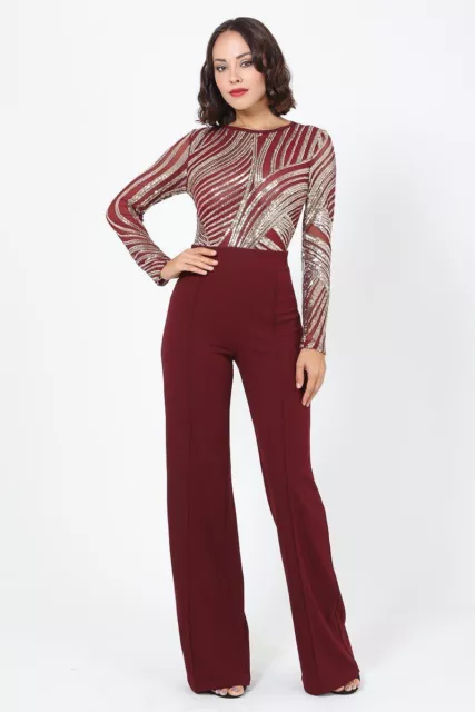 Sophisticated Gold Sequins Bodice Jumpsuit Red Gold Color