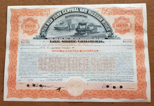 New York Central & Hudson River Railroad Bond Stock Certificate Lake Shore