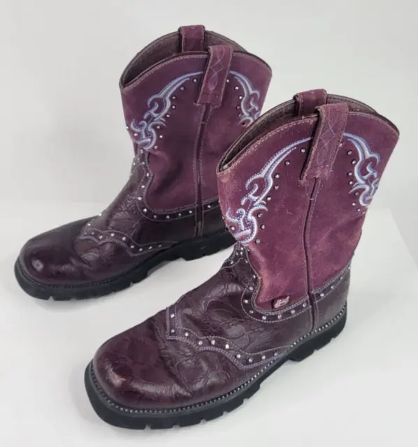 Justin Boots Womens 8.5  Burgundy W Crystals L8033 Tooled leather Cowgirl Boots