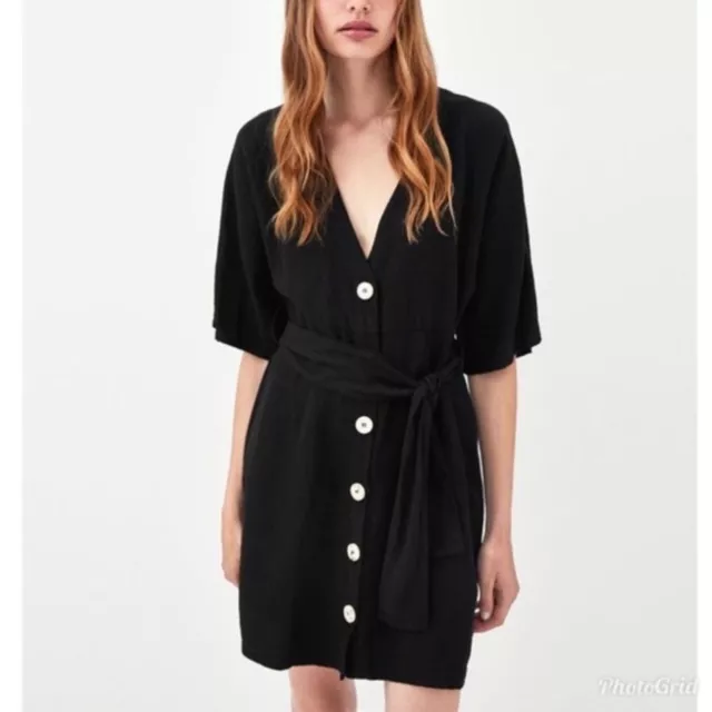 Zara trf Collection Black Linen Blend Button Down Dress Size Small