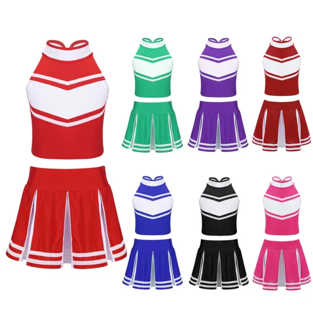 Kids Cheerleading Set Costume Girls Dance School Uniform Crop Top+Skirt Outfit