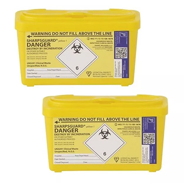 2 x 1L - Sharps Bin Needle Box, Medical Waste Tub Container