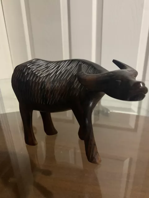 Vintage Hand Carved Water Buffalo Ox Bull Wooden Figurine 5”