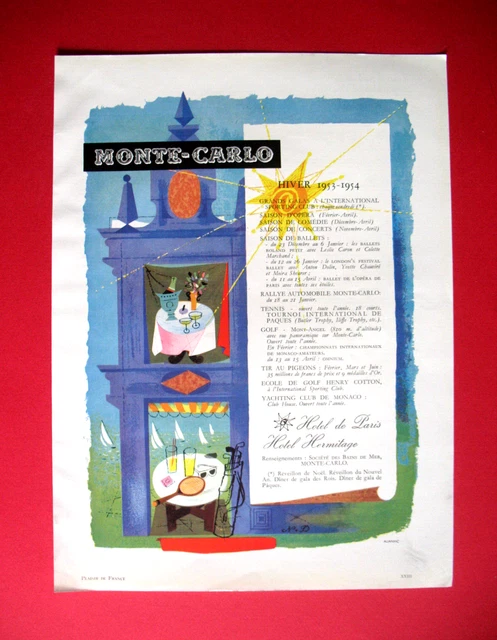 Publicite De Presse Monte Carlo Tourisme Hiver Hotels Hermitage Et Paris Ad 1953