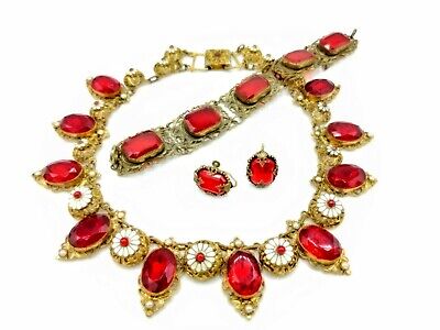 C1930 Antique NEIGER Brothers Faceted Glass, Enamel Necklace, Bracelet Earrings