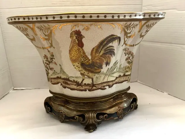 Vintage Hand Painted Castilian Porcelain Vase w/Rooster Motif on Brass Base