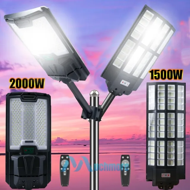 Outdoor Commercial 1500W 2000W Solar Street Light Dusk-to-Dawn Road Lamp w/ Pole