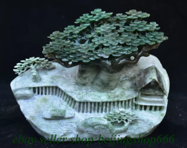 13.6" Chinese Natural Green Dushan Jade Carved Mountain Tree Bridge House Statue