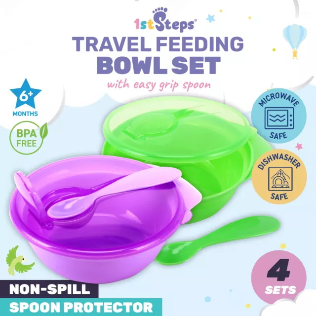 1st Steps 4PCE Travel Feeding Bowl Sets Matching Spoons Leak Proof Design 2