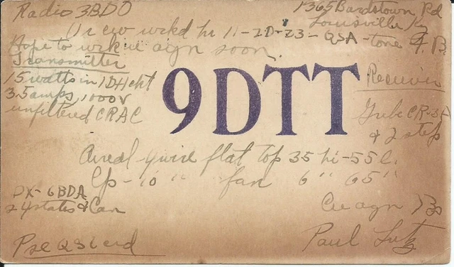 Vintage Ham Radio Qsl Cards 1923  9Dtt   Louisville, Ky.