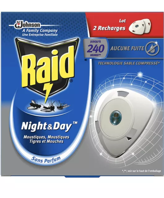 Raid 2 recharges night and day anti-moustiques mouches sans parfum , sans boite