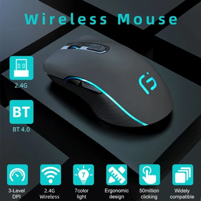 Wireless Bluetooth 2.4G Dual-Mode Slim Rechargeable Mouse for Laptop Mac iPad