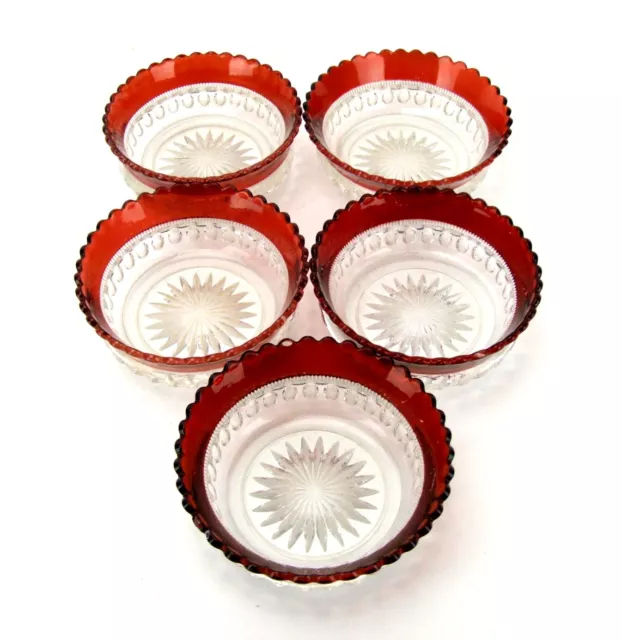 EAPG Adams Glass kings crown Individual Berry Bowls 4.5" Ruby Flashed Set of 5