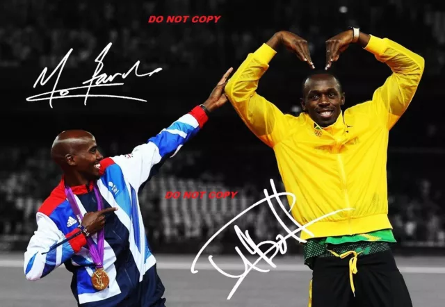 Foto Lucida Usain Bolt & Mo Farah Firmata Taglia A4 Nuova Ristampa Olimpiche Londra