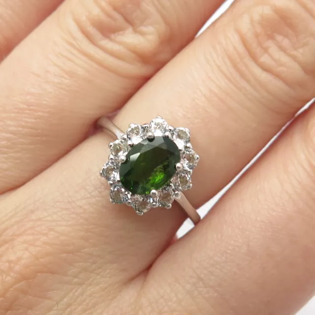 925 Sterling Silver Real White Topaz & Peridot Gemstone Ring Size 6.25