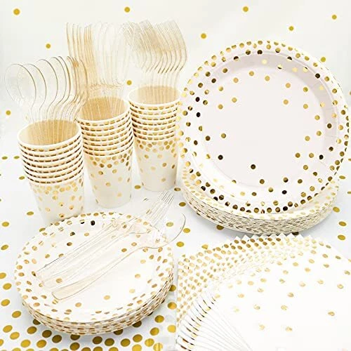 Gold Party Supplies, (Serves 24) Disposable Paper Plates, Napkins, Cup