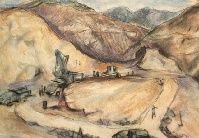Peinture au pastel expressionniste scène de travail de paysage signée