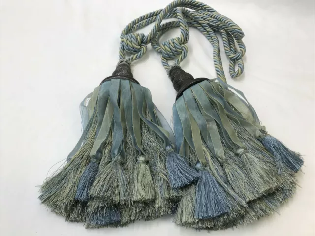 Art Deco Victorian Style Tieback Tassels Set 2 Curtain Drape Sage Green Sky Blue