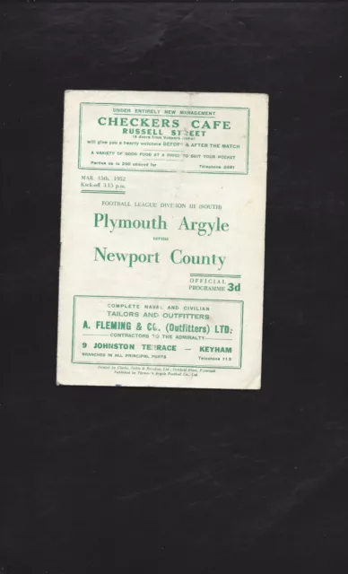 PLYMOUTH ARGYLE v NEWPORT COUNTY 1951-2 DIVISION 3 SOUTH GOOD CONDITION