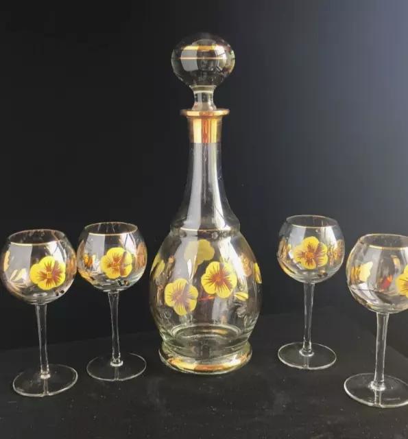 Vintage 14K Gold Cronzini Decanter Set w/ 6 Cups Crystal Glass and Original  Box