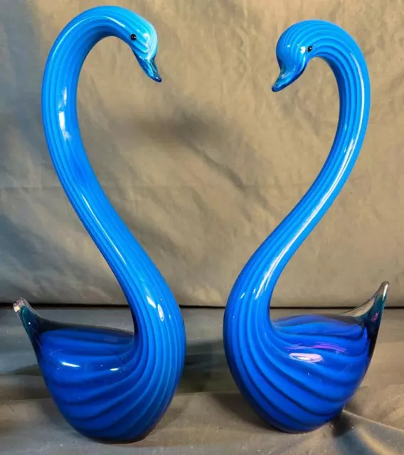 Pair of Two 2 Hand Blown Art Glass Murano Italy Italian Swans Swan Birds Statues