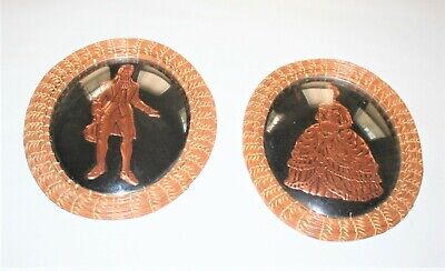 Vintage Stamped Pressed Copper Art Colonial Man & Woman / Wicker Frame
