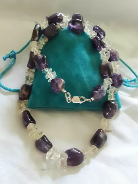 GORGEOUS Amethyst and Quartz Beaded Natural Gemstones Sterling Silver Necklace.