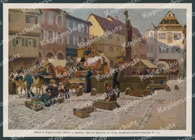 Paul Hey dt Landser Flüchtlinge Westfront Kaysersberg Elsaß Planwagen Markt 1916