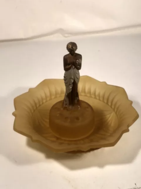 Antigüedad Pieza Central Flor Rana Con Cuenco Carne Señora Ámbar Art Déco