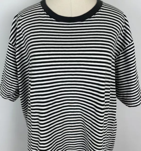 DISTRESSED Vintage 90s Black Striped T-Shirt WOMENS XL Boxy Fit Grunge Preppy