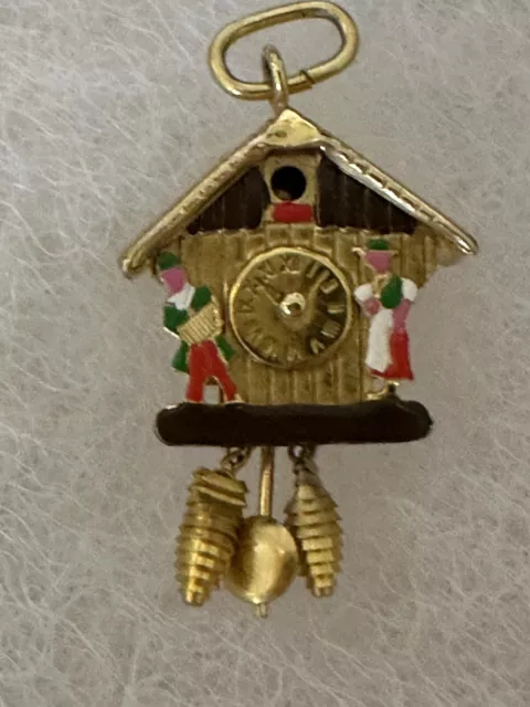 14k YELLOW GOLD ENAMEL BAVARIAN CUCKOO CLOCK CHARM/PENDANT 3